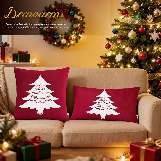 BRAWARM Christmas Pillow Cover 20 X 20 Inches, Christmas Red Christmas Tree Embroidered Pillow Cover, Soft Velvet Decorative Throw Pillow for Couch Bed Sofa Living Room Home