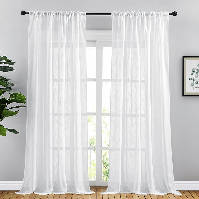 NICETOWN White Faux Linen Sliding Door Curtains 90 inches Long, Rod Pocket & Back Tab Semi Sheer Window Treatments Privacy with Light Filter for Farmhouse/French Door, W66 x L90, 2 Panels