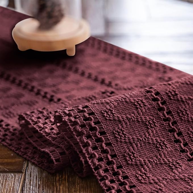 Macrame Table Runner Burgundy Boho Table Runners with Tassels 12x108in | Alynsehom Hand Woven Cotton Table Runner Rustic Farmhouse Table Runners for Bohemian Kitchen Dining Table