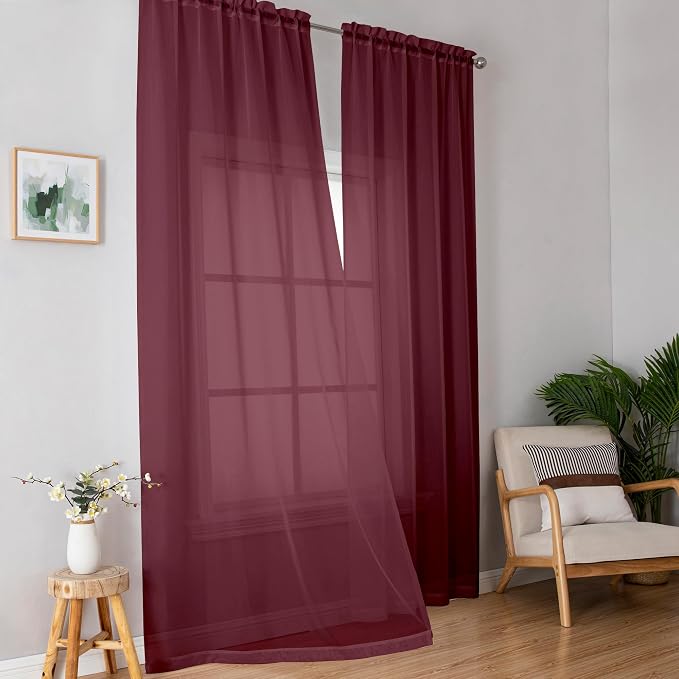 Simplebrand Red Sheer Curtains 96 Inches Long, Light Filtering Rod Pocket Solid Color Window Sheer Curtain Panels, Elegant Curtains & Drapes for Living Room, Bedroom 2 Panels (Burgundy, 42" W x 96" L)