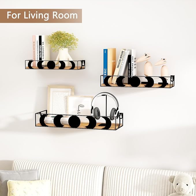 PHAREGE Black and Brown Moon Phase Floating Wall Shelves Set of 3