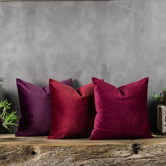 Eggplant Purple Soft Velvet Throw Pillow Covers 24x24 inch Set of 2 for Sofa Couch Bed Living Room Decorative Luxury Solid Rectangle Cushion Covers Case with Zipper