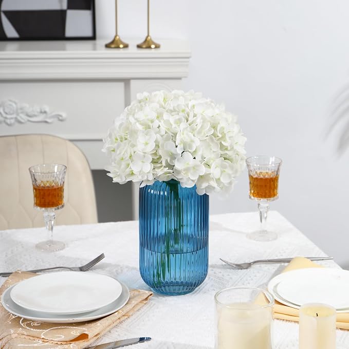 Ribbed Glass Vase, Blue Flower Vase for Bouquet, Glass Vases for Flowers, Modern Vases for Living Room, Bedroom, Kitchen, Dining Table, Office, Wedding, 8.6 Inches