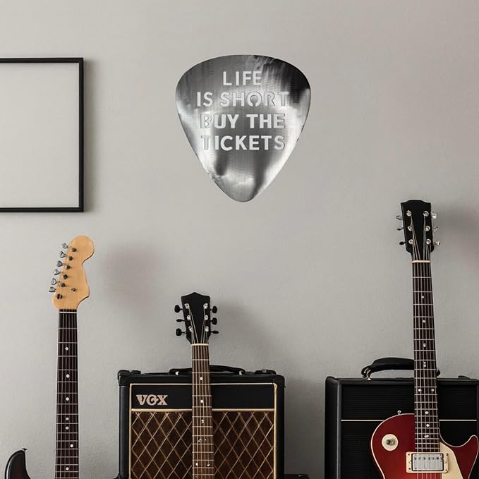 Top Brass Metal Guitar Pick Wall Decor Art - 12” Inspirational Music Quote Sign, ‘Life is Short, Buy the Tickets’ - Brushed Silver Finish w/Protective Coating