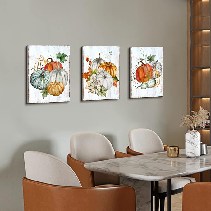 Large Pumpkins Wall Art Fall Decor Vintage Festival Wall Paintings Rustic Farmhouse Kitchen Decorations Autumn Maple Leaves Harvest Themed Wall Paintings Modern Halloween Posters Artworks 16x24" 3Pcs