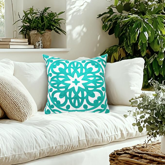 Alysheer Embroidered Spring Decorative Throw Pillow Cover 18"x 18" Set of 2, Boho Mandala Embroidery Turquoise Green Patterned Cushion Case for Sofa Couch Living Room Bedroom Outdoor