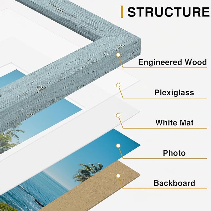 Vittanly 5x7 Picture Frames Set of 9, Wall & Tabletop, Rustic Blue | Display Pictures 4x6 with Mat or 5x7 without Mat, Small Photo Frames, Engineered Wood with Shatter Resistant Plexiglass
