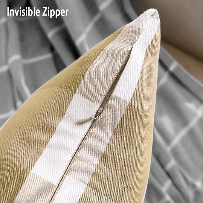 CARRIE HOME Modern Farmhouse Decor Brown Buffalo Plaid 20x20 Pillow Covers Set of 4, 20 x 20 Brown Throw Pillow Cover, Khaki Buffalo Check Decorative Cushion Pillows for Bedroom and Living Room