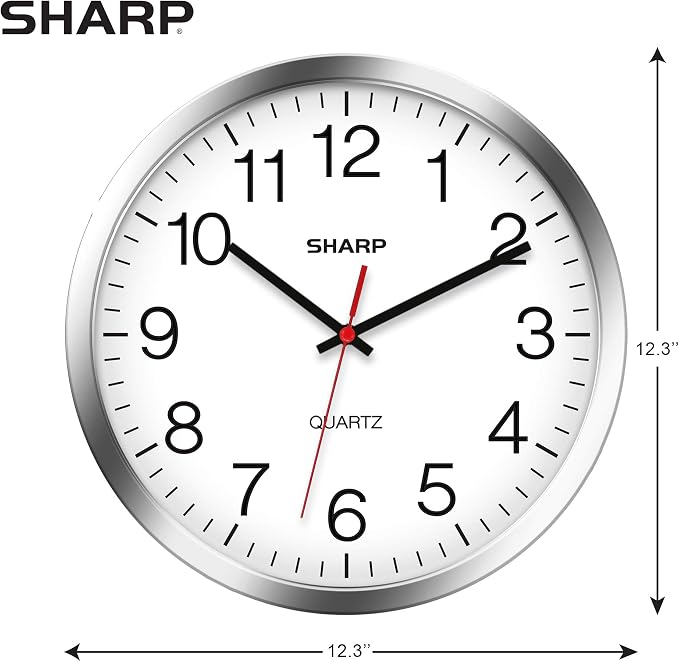 Sharp Wall Clock – Silver/Chrome, Silent Non Ticking 12 Inch Quality Quartz Battery Operated Round Easy to Read Home/Kitchen/Office/Classroom/School Clocks, Sweep Movement (Pack of 2)
