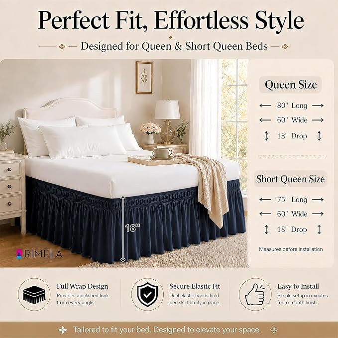 Navy Blue Bed Skirt Queen Size 18" Drop, Elastic Wrap Around Bedskirt | Solid Ruffled, Easy to Use, No Mattress Lifting, Wrinkle & Fade Resistant, with Adhesive Strips, Machine Wash/Dry/Iron