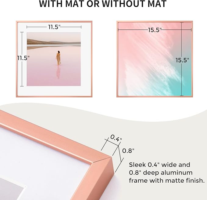 16x16 Metal Picture Frame with 12x12 Mat, Brushed Aluminum Finish, Tempered Glass Front, and Attached Hanging Hardware - Versatile Wall Display Frames for Vertical or Horizontal Orientation(Gold, Pack