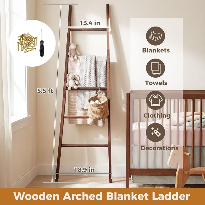 Sintuff Tapered Blanket Ladder for Living Room, 5.5ft Wooden Blanket Rack, 5-Tier Natural Leaning Tapered Ladder Shelf for Farmhouse Bedroom Living Room Bathroom Decor, Walnut Brown