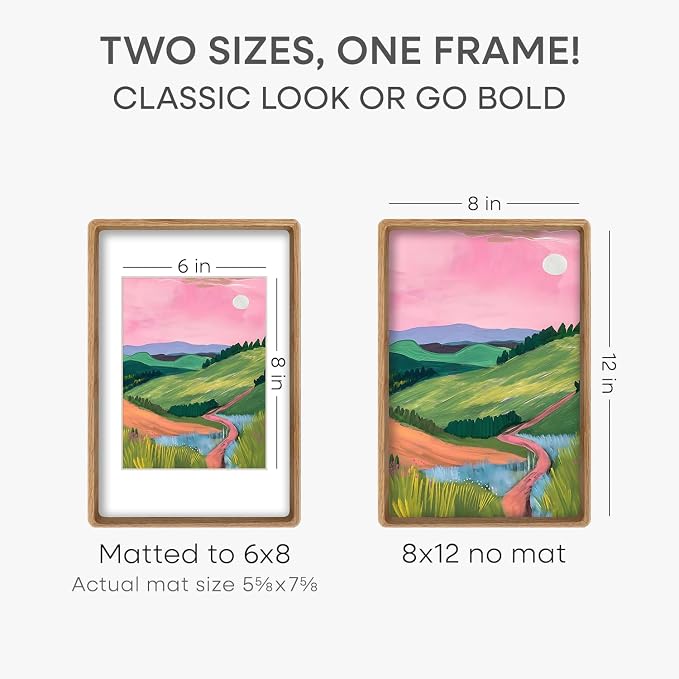 Homeforia 8x12 Mortise&Tenon Natural Oak Picture Frame, 6x8 Mat, Glass