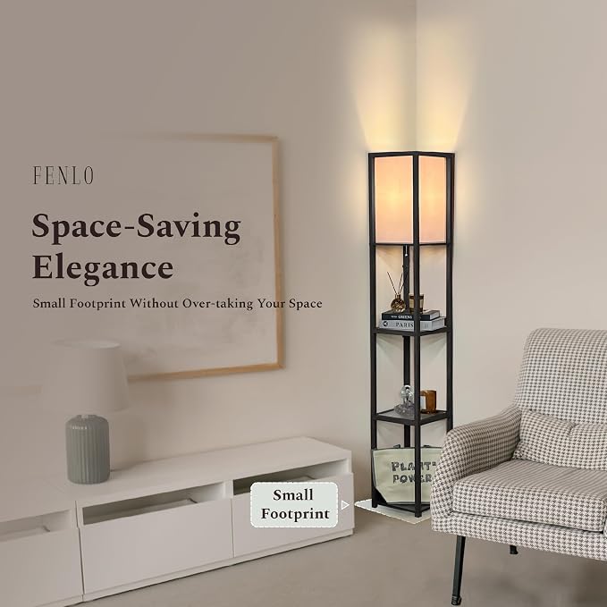 FENLO Floor Lamp with Shelves – Tall Standing Lamp with Tempered Glass Tiers – Modern Minimalist Floor Lamp for Bedroom, Living Room, or Corner – Durable Glass Shelf Lamp with LED Bulb Included