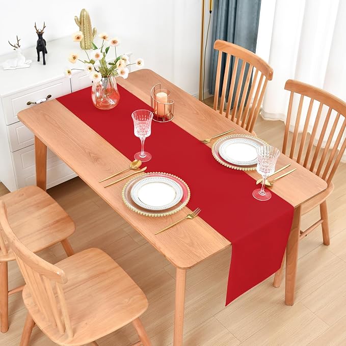 Faux Linen Table Runner Water Resistant 13 x 48 in, Red | Farmhouse Rustic Table Runners, Coffee Table Runner, Dresser Runners for Bedroom, Living Room, Kitchen, Dining, Party