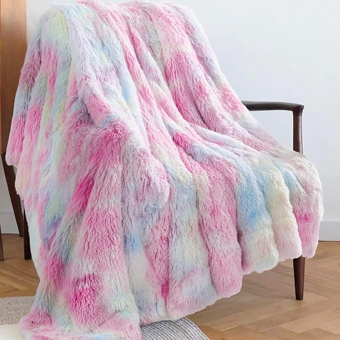 GONAAP Fuzzy Faux Fur Throw Blanket for Couch, Tie-dye Rainbow, 50"x60" | Warm Cozy Plush Shaggy Decorative Reversible Thick Non-Heated Fleece Blanket for Sofa Bed, Gift for Women Men, All Season Use