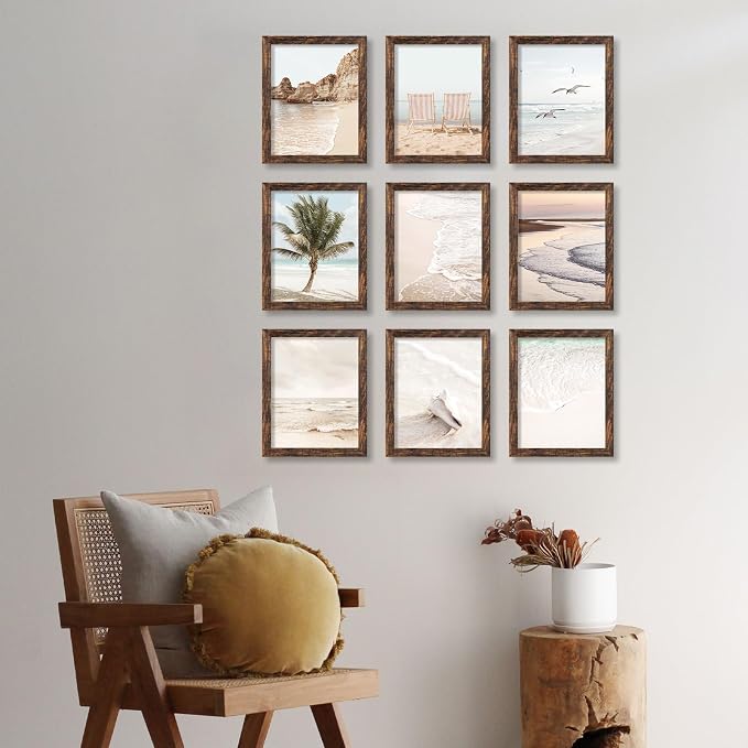 YESKAY 8x10 Picture Frame Set of 9, Display Pictures 5x7 with Mat or 8 x 10 Without Mat, Multi Photo Frames for Wall Mounting or Table Top Display, Rustic Brown
