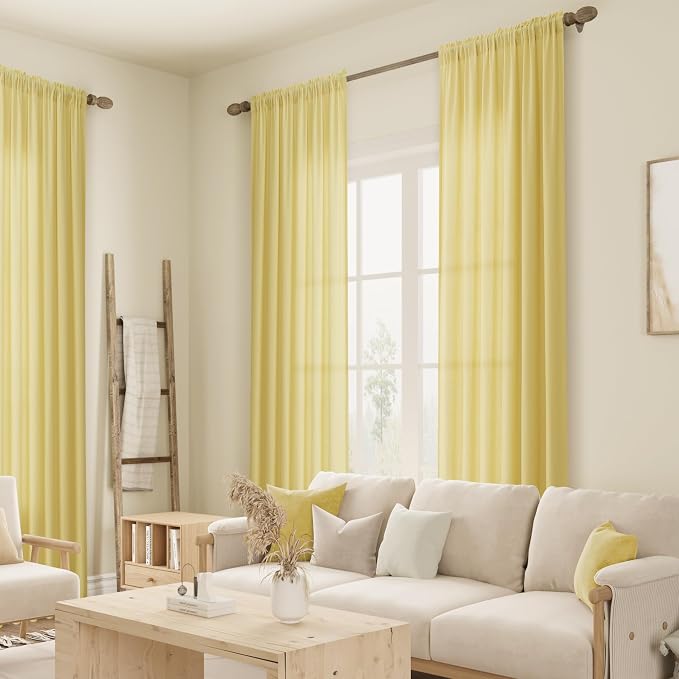 Yellow Linen Curtains 108 Inch Length for Living Room Bedroom 2 Panels Set Rod Pocket Light Filtering Semi Sheer Window Curtains 52 Inch Width Boho Farmhouse Linen Drapes, W52xL108