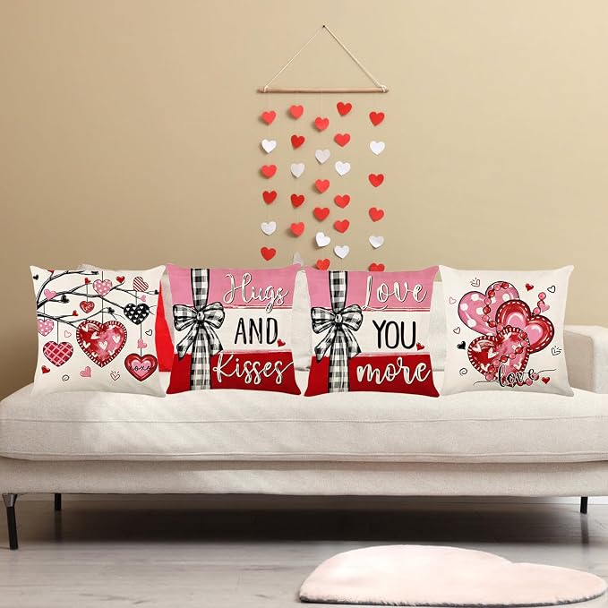 ONFAON Valentines Day Decorations-Valentines Pillow Covers 18x18 inch Set of 4 Valentine Stripes Wedding Cushion Case Decoration for Sofa Couch
