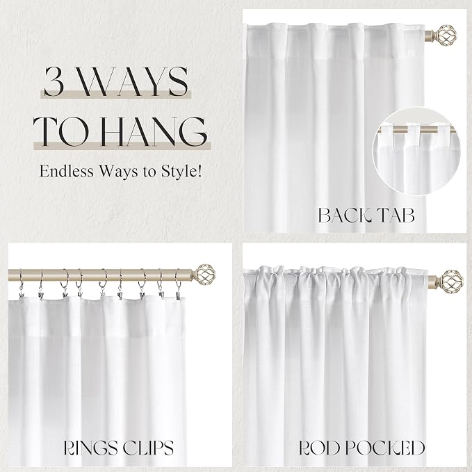 Jowels White Linen Curtains 48 Inch Long 2 Panels for Living Room | Light Filtering Semi Sheer Curtain, Back Tab Pocket Pleated Look, Boho Farmhouse Textured Privacy Drapes for Bedroom Window