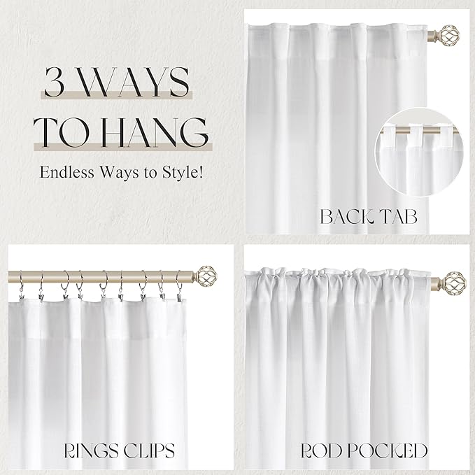 Jowels White Linen Curtains 45 Inch Long 2 Panels for Living Room | Light Filtering Semi Sheer Curtain, Back Tab Pocket Pleated Look, Boho Farmhouse Textured Privacy Drapes for Bedroom Window
