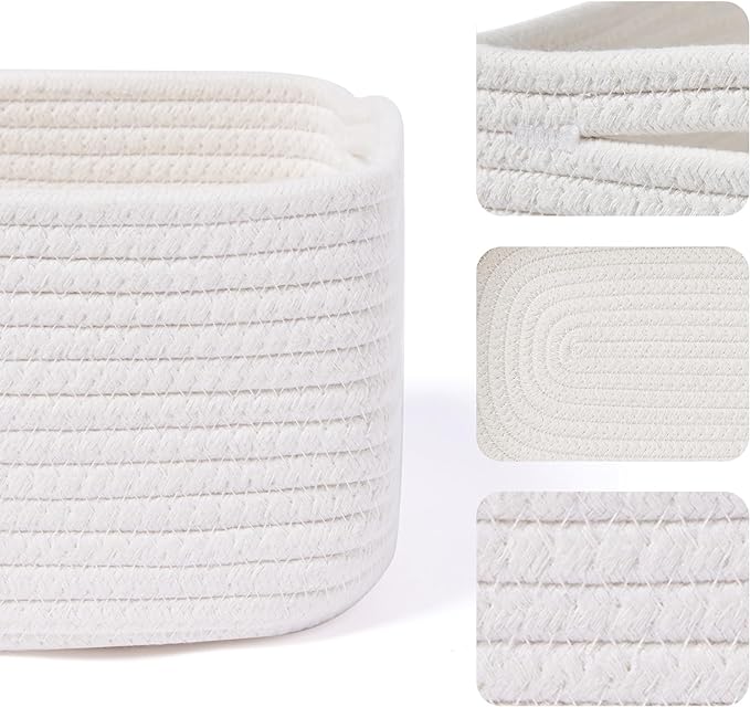 MiniArk Small Storage Baskets for Organizing | Closet Organizer Bins | Shelf Toy Basket | Woven Rope Baskets | Cube Decorative Box | Shallow Basket | 13x8.5x5.1” | 3 Packs Off White