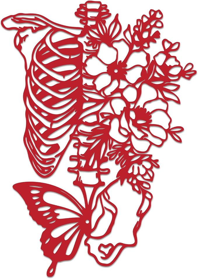 Rajukit Skull & Butterfly Wall Art, Gothic (Red) | 3D metal skeleton with flowers, red finish; waterproof; bedroom, gothic room, patio; halloween/goth; gift for women