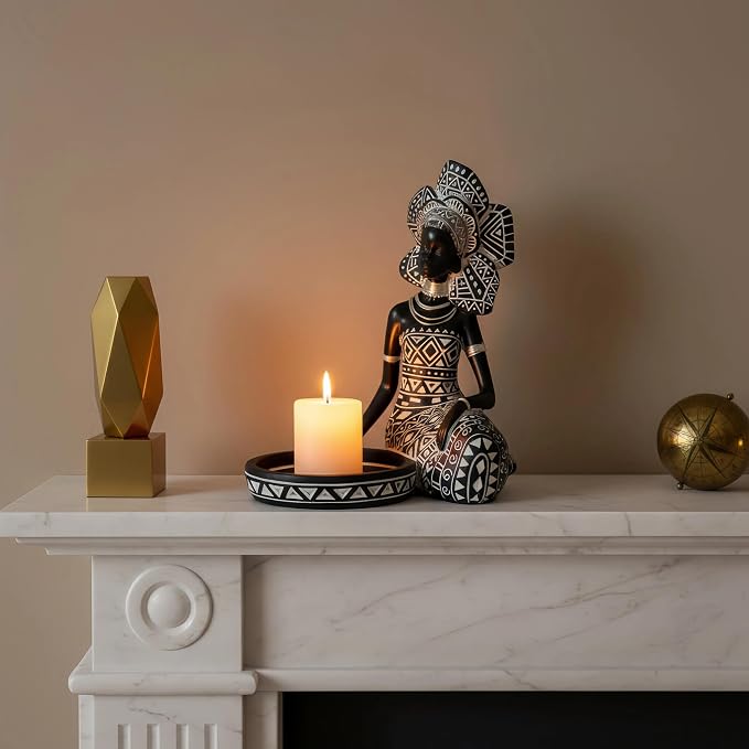 Lescafita African Lady Figurine Candle Holder with African Tribal Totem for Wedding,Church,Holiday Decor-African Decorative Women Statues, Candlestick Holder for Home and Table Decor(754-Black)