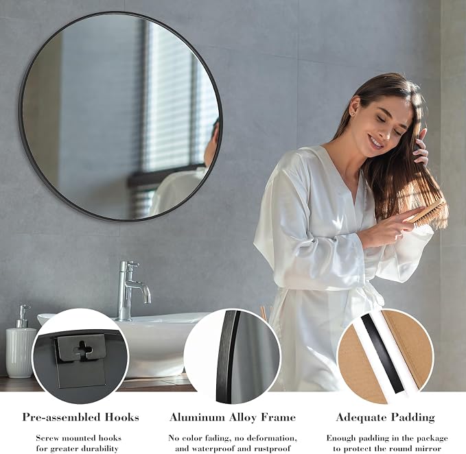 NEWBULIG 30 Inch Round Bathroom Mirror, Wall Mount Vanity Mirror | Circle Mirror for Over Sink, Matte Metal Frame, Entryway Decor, Bedroom Decor, Black