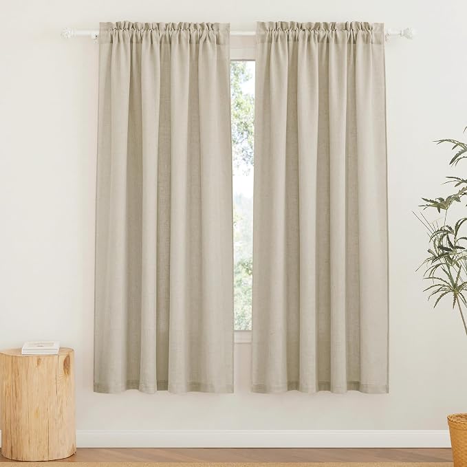 RYB HOME Linen Semi Sheer Curtains for Living Room, Light Filtering Half Privacy Window Curtains & Drapes for Bedroom, 2 Panels, Beige, 34" W x 72" L