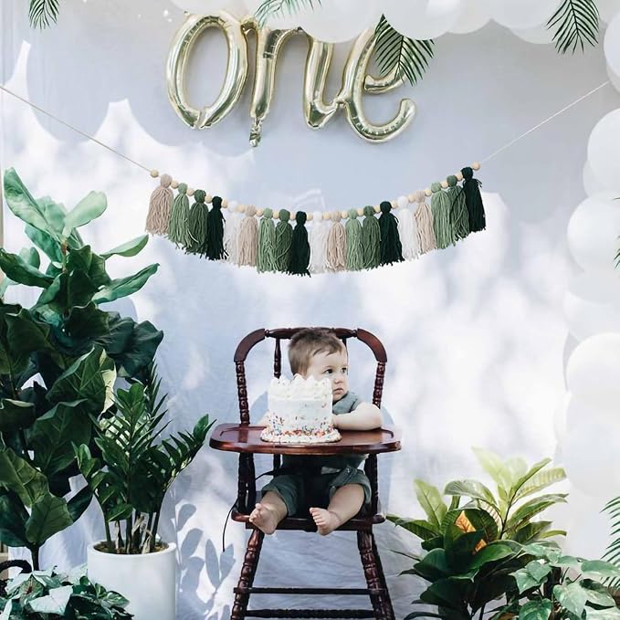 Green Tassel Wood Bead Garland Wall Hanging In Home Decor For Nursery Kids Bedroom Birthday Baby Shower Party Decoration