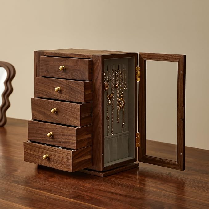 360 Rotating Design Wooden Jewelry Box for Women | Large Jewelry Organizer with Velvet Lining, 5 Drawers, Transparent Glass Doors, Black Walnut Wood Grain