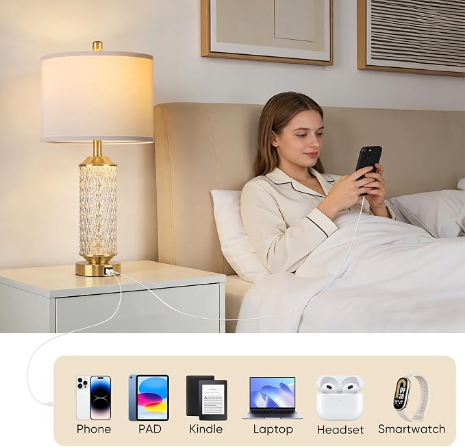 QiMH Glass Table Lamps Set of 2, Modern Gold Beside Lamps for Living Room