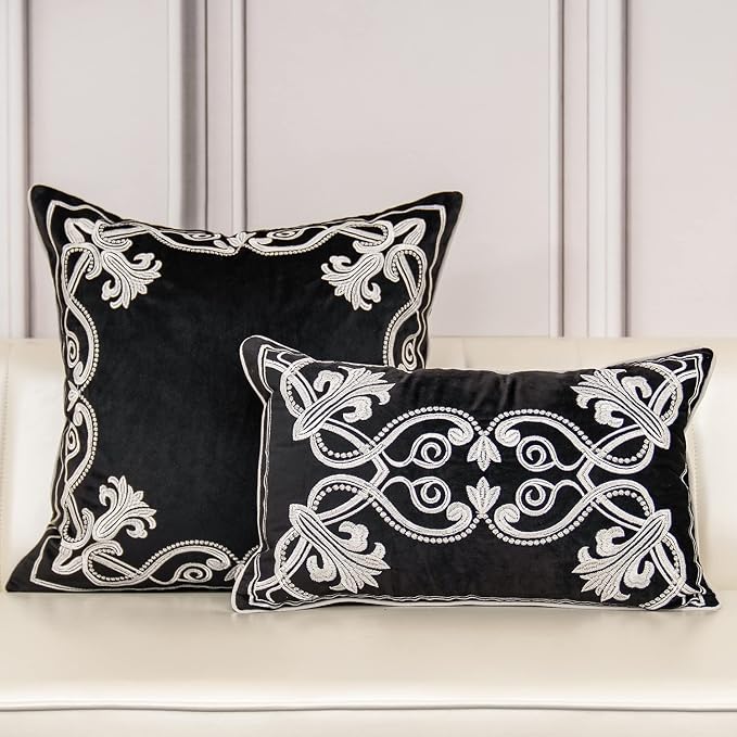 Aeckself European Floral Pillow Cover 16x16 Inch, Luxury Velvet Embroidered Decorative Throw Pillow Cover for Couch Bedroom Living Room, Black and White
