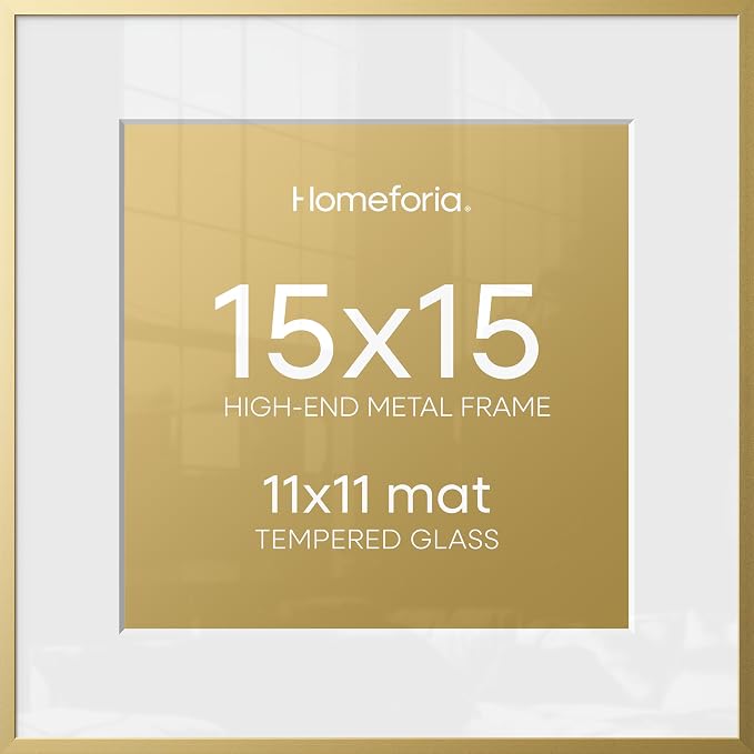 Homeforia 15x15 Gold Picture Frame, High-End Metal, 11x11 Mat, Glass
