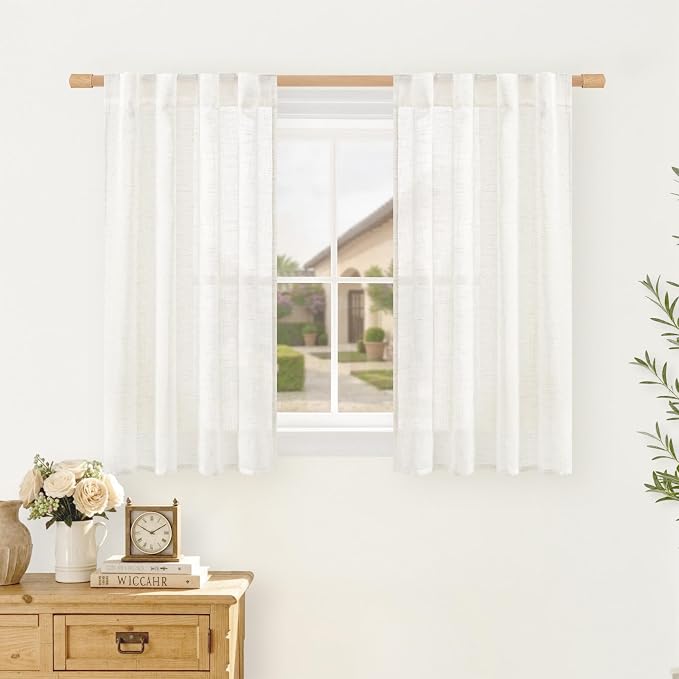 Linen Curtains 40 Inch Length for Kitchen Windows Over Sink | Semi Sheer, Light Filtering, Cream Ivory Drapes, Back Tab Rod Pocket, Panels for Small Windows, Bathroom, 25 x 40 Inch