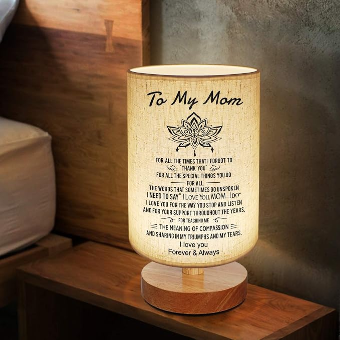 To My Mom Mother Day Birthday Gifts - Engraved Table Lamp, Dimmable Bedside Nightstand Lamp, Fabric Desk Lamp Shade Simple Night Light for Bedroom Living Room Office - Best Anniversary Christmas Gift