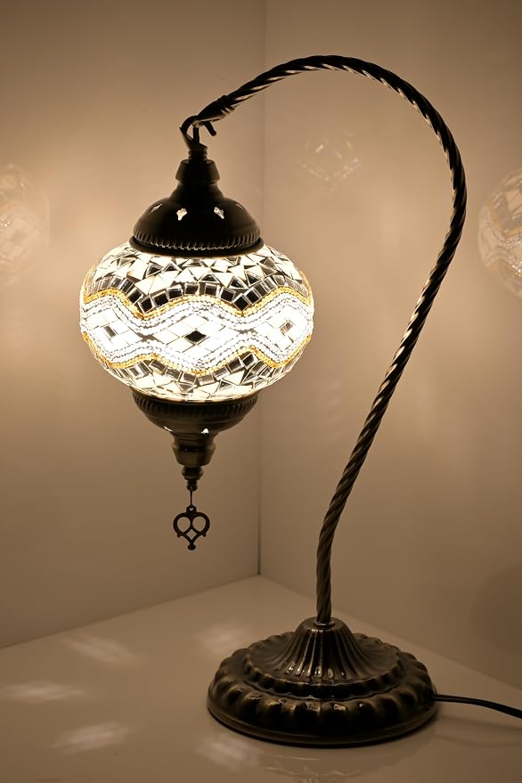 GOGERS Swan Neck Turkish Moroccan Lamp Handmade Stained Mosaic Glass Vintage Lamp Shade Bohemian Tiffany Style Bedside Night Lamp Lighting for Bedroom Living Room (White Golden)