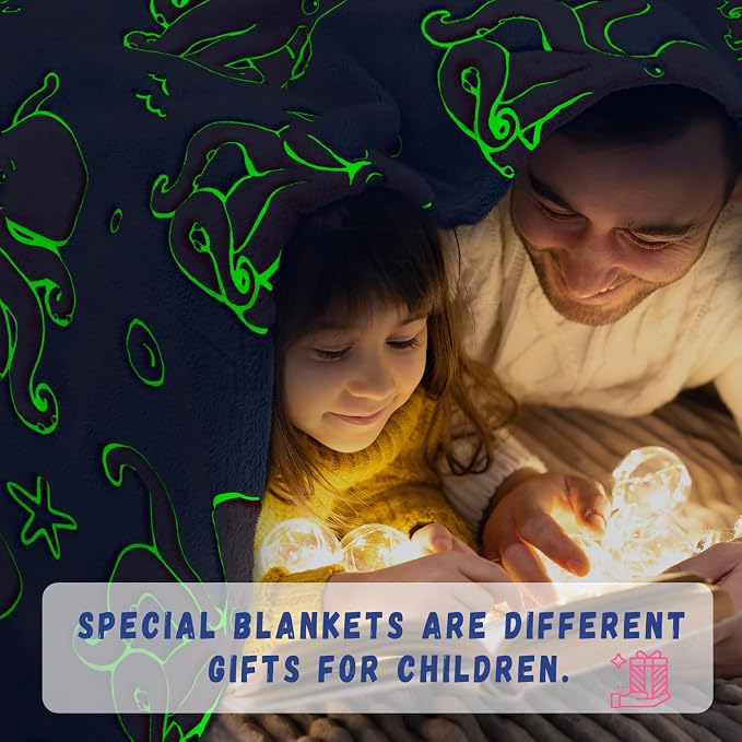 Octopus Toys Birthday Gifts for Boys Girls, Soft Blue Octopus Blanket for Kids Toddlers Travel, Glow in the Dark Ocean Sea Animal Fleece Throw Blanket for Bedroom Game Room Coastal Decor 50"x60"
