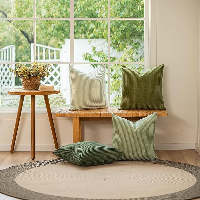 LANANAS Decorative Corduroy Throw Pillow Covers 18x18 Inch Green Bloom | Set of 4 Neutral Couch Farmhouse Boho Throw Pillows for Living Room, Couch, Bed, Sofa Soft Accent Home Decor
