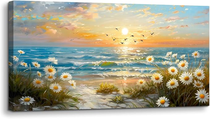 SERIMINO Sunset Landscape Wall Art, Coastal Floral Canvas Painting 20"X40" | Coastal Wall Decor, Seaside Daisy Wildflower Art Prints, Bedroom Living Room Dining Room Decor, Ready To Hang, Vibrant Colors
