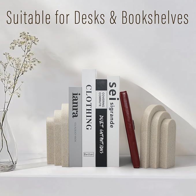 LIN CHUAN Heavy Duty Bookends for Shelves, Set of 2, Sandstone Beige | Book Ends for Heavy Books, Decorative Book Stopper with Faux Sandstone Finish, Layered Arch Design Bookshelf holder, 6.6 lbs