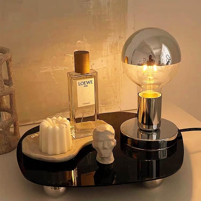 Simple Unique Lamp Base Only,Mini Bedside Table Lamp Bases,E26 Edison Light Bulb Stand Lamps for Small Spaces,Minimalist Desk Lamps Set w/ 5.8ft White Cord Switch Plug,No Bulb,Silver/Chrome,S