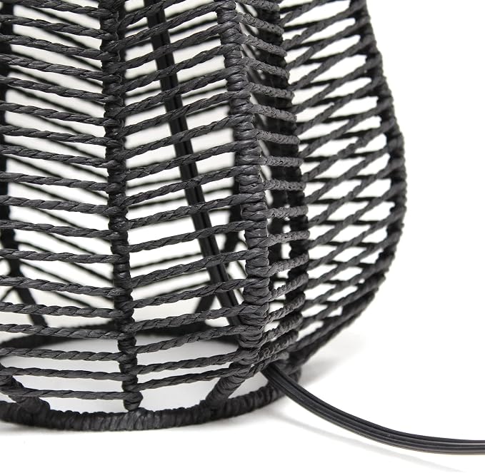 Elegant Designs LT2106-BLK 21" Tall Boho Coastal Inspired Rustic Paper Rope Rattan Wicker Look Standard Table Desk Nightstand Lamp with Light Gray Fabric Linen Shade, Black