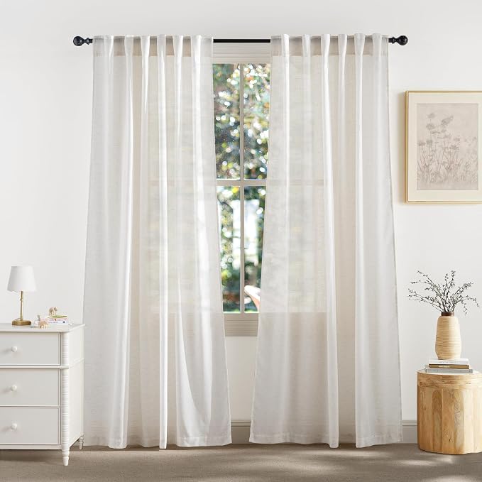 RYB HOME Sheer Curtains 108 inches, Extra Long Floor to Ceiling Curtains | Light Filtering Privacy, Faux Linen Fabric, Living Room Bedroom Sliding Glass Door, Back Tab, W52 x L108, 2 Panels, Ivory