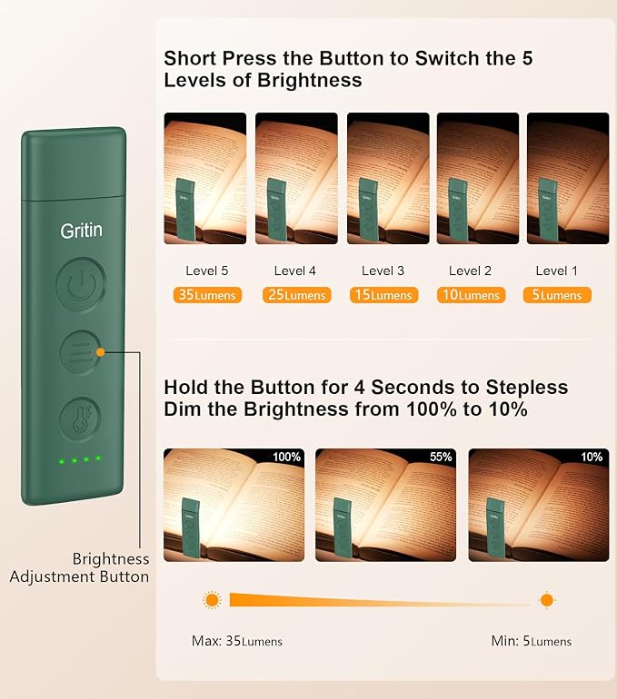 Gritin Book Light Rechargeable, Clip on LED Reading Light for Books in Bed