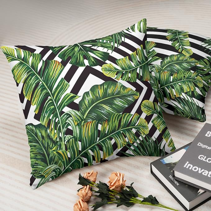 Tropical Green Banana Leaf Throw Pillow Covers Black and White with Stripe Pillowcase Square Decorative Cushion Cases Cotton Blend Outdoor Decor 20x20 in 2 Pcs for Beach Sofa Bed