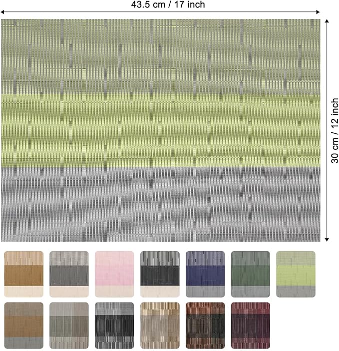 Placemats Set of 6, Vinyl Woven Heat-Resistant Place Mats | Washable Wipeable PVC Table Mats, Non Slip Placemat for Kitchen Dining Indoor Outdoor Table (Gray Grass Green, Set of 6)