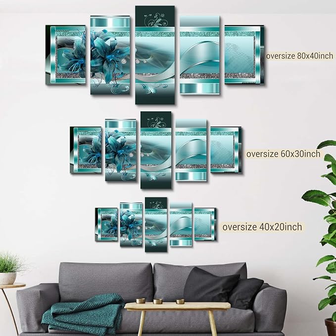 LUDUHU Extra Large Orchid Flowers Canvas Print - Abstract Turquoise Floral Wall Art Painting Decor for Home Decoration Artwork Picture Bedroom Green Floral (A,Oversize 80x40inch)