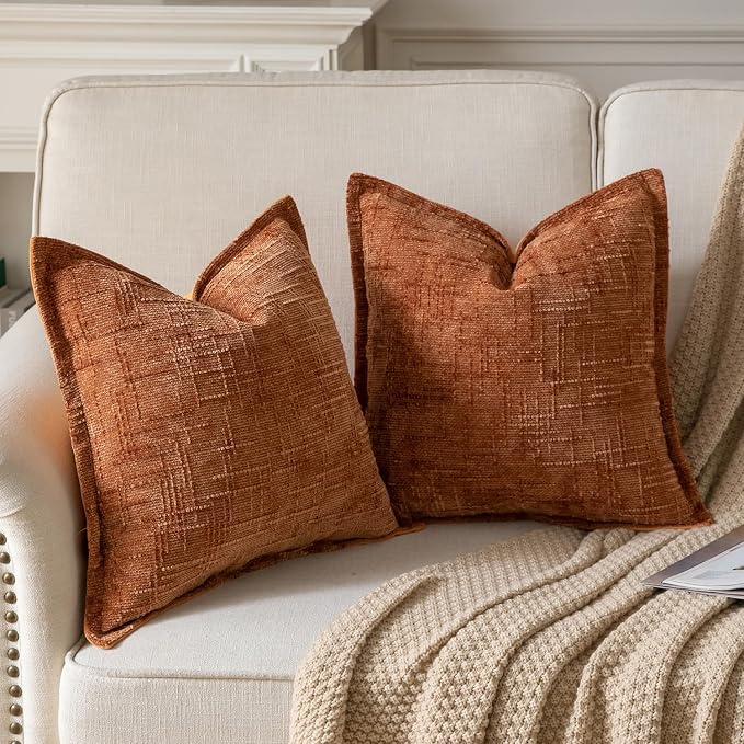 Yaertun Chenille Throw Pillow Covers 24x24 Inch Set of 2 Textured Broadside Soft Cozy Velvet Pillow Covers Modern Farmhouse Boho Decorative Pillow Cases for Couch Bed Sofa Livingroom Burnt Brick